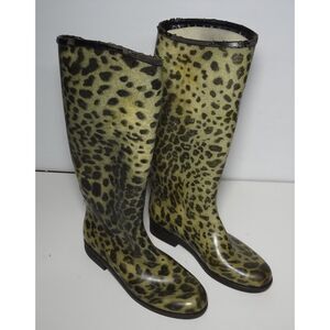 Dav Leopard Print Knee-High Rubber Rain Boots (16" Tall) - Green/Black - Size 8